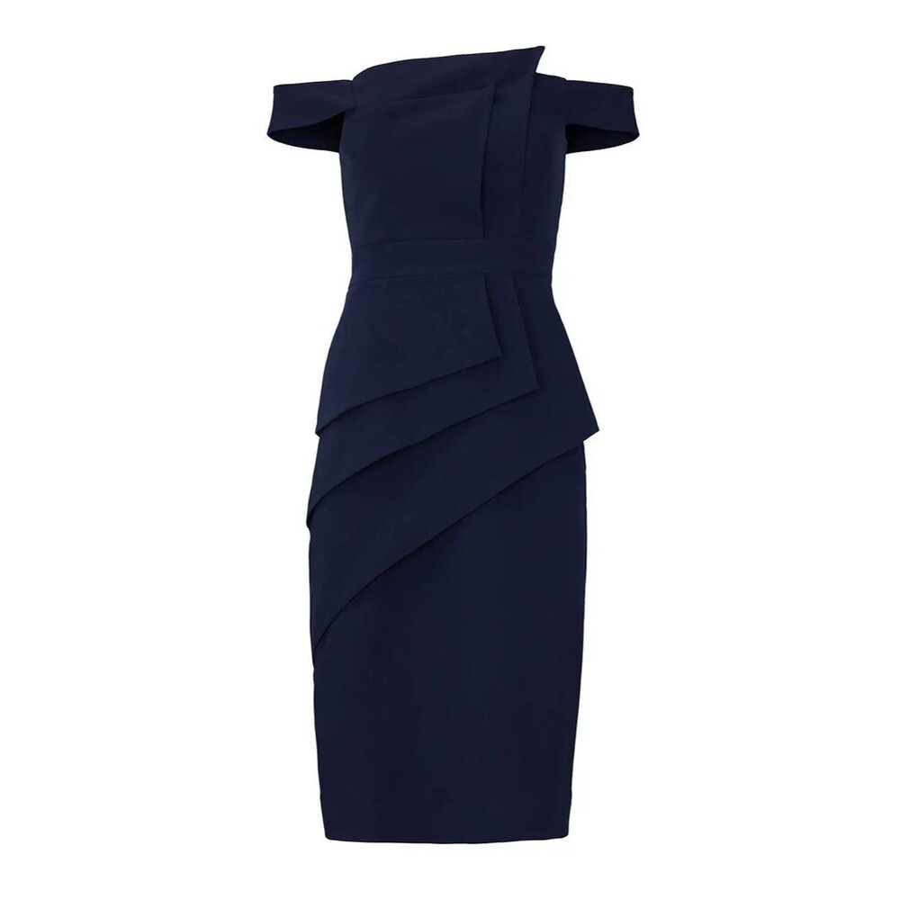Black Halo Navy La Reina Cocktail Sheath Dress Size 6 $550